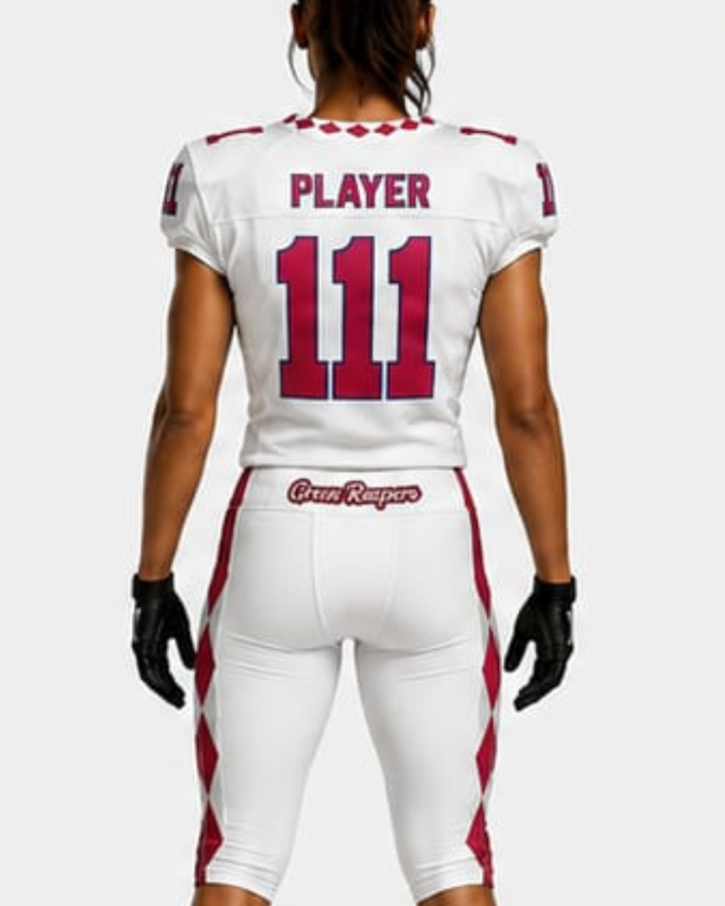 Back view of a football player wearing a white jersey and matching white pants with red lettering and side stripes, black gloves, and a white background.