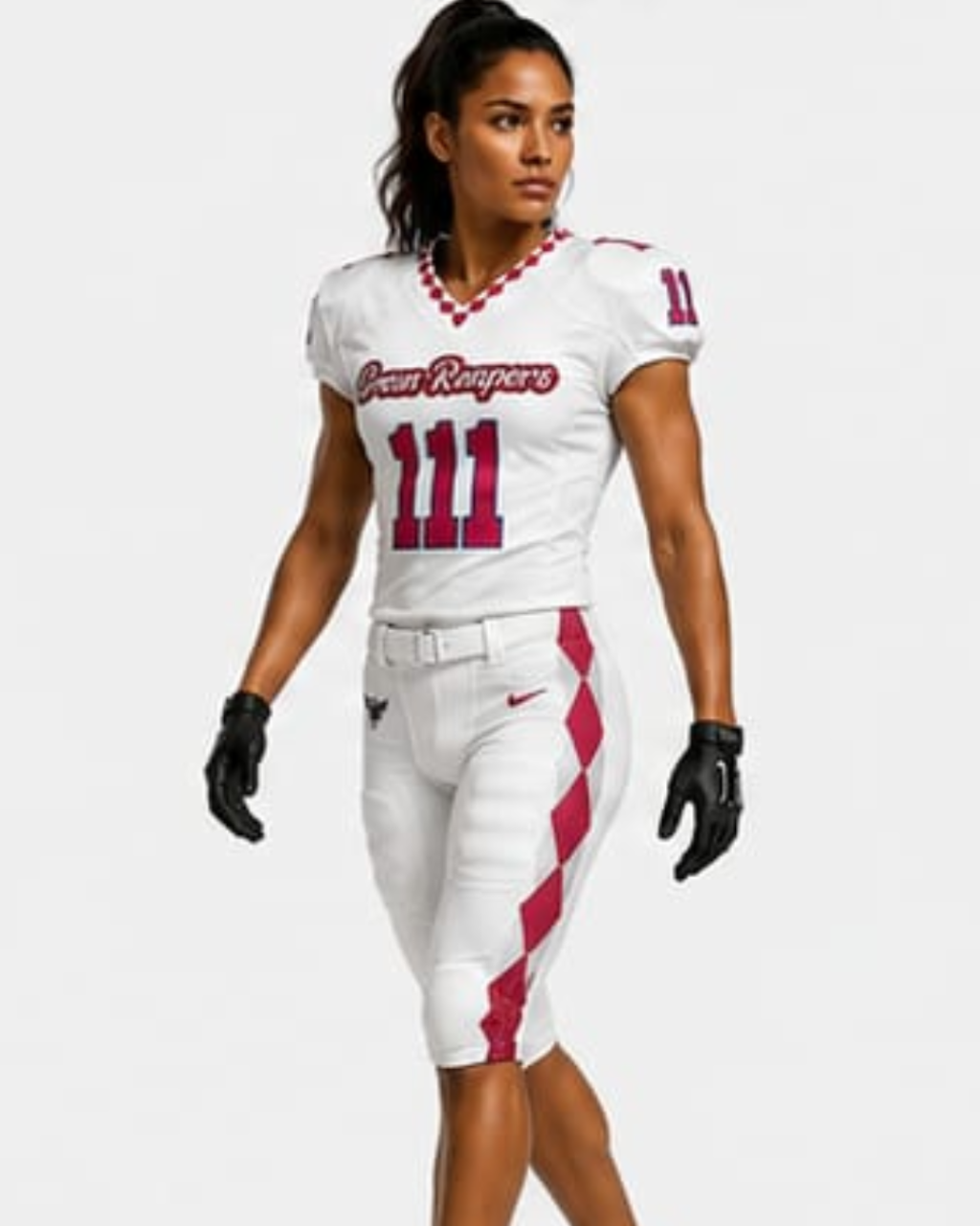 A female athlete modeling a white football uniform with magenta and red accents, featuring 'Green Rivals' and the number '11' on the jersey, and a matching number '11' on the pants. She is wearing black gloves against a light gray background.