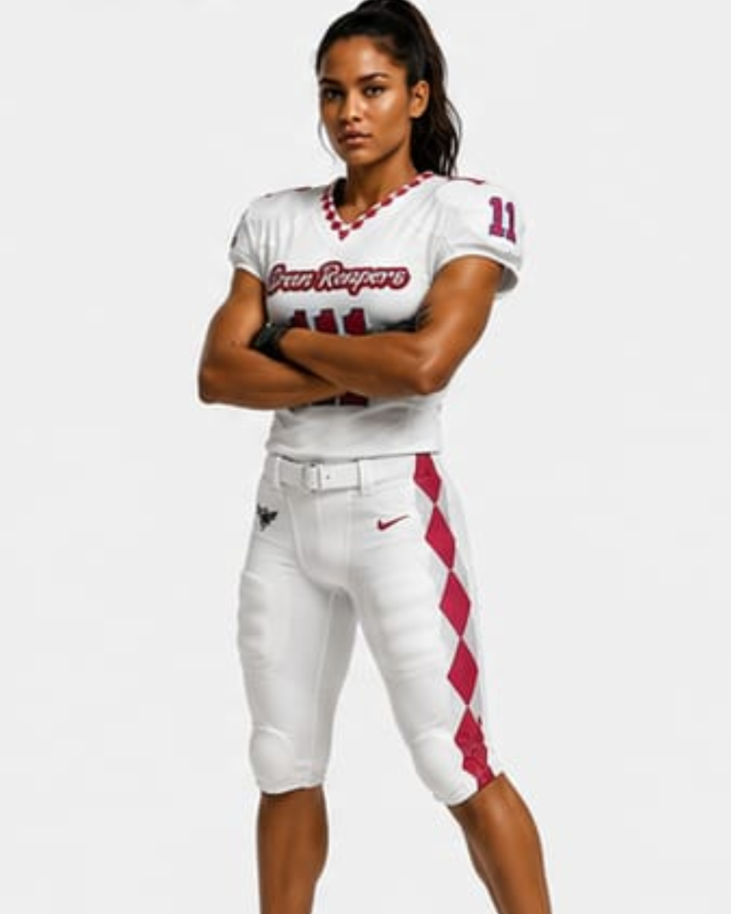 A female athlete modeling a white and red football uniform with 'Texas Rangers' and the number '11' on the jersey and pants, set against a plain light gray background.