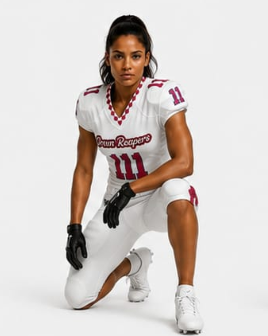 A female athlete kneeling in a white football uniform with red lettering that reads 'Brown Reapers' and the number 11, paired with black gloves and white cleats, against a light gray studio background.