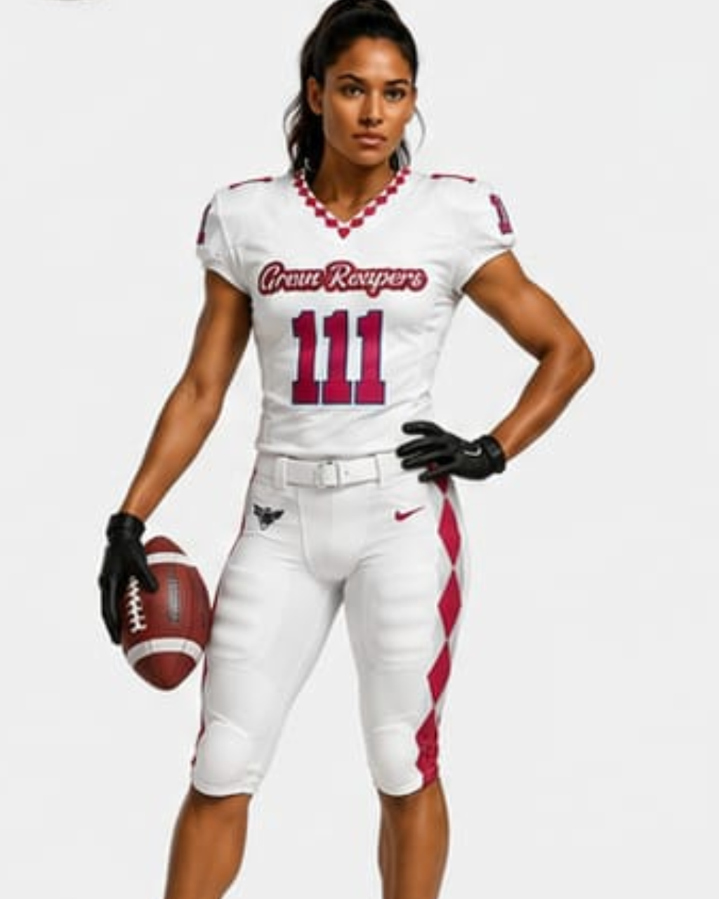 A female football player modeling a white and magenta Crimson Roarers uniform, holding a brown football against a light gray background.
