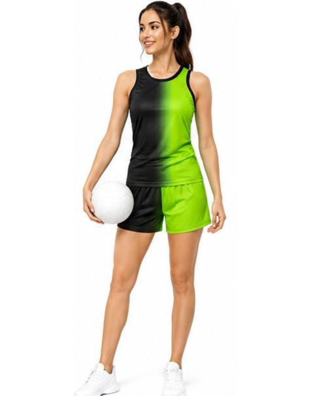 A woman modeling a sleeveless athletic tank top and matching shorts set with a black-to-lime green gradient, holding a white ball against a plain white background.