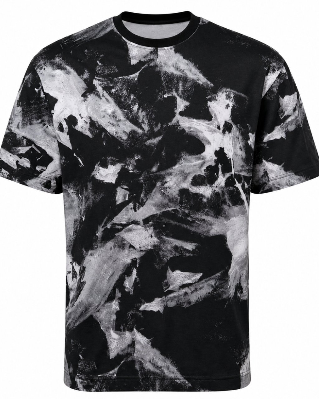 A short-sleeve crewneck t-shirt featuring an abstract black and white paint splatter pattern, shown against a plain white background.