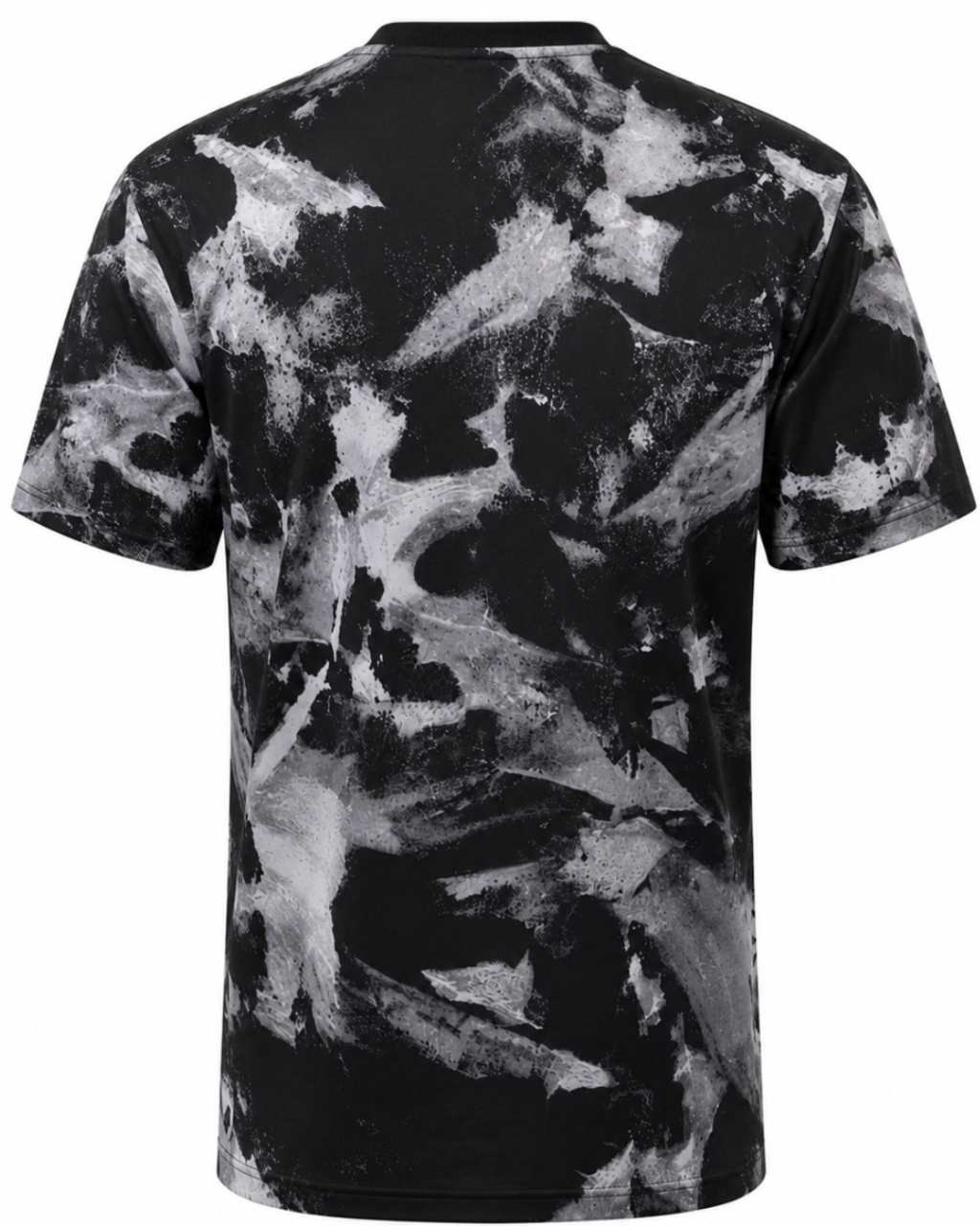 A short-sleeve crewneck t-shirt with an abstract black and white paint splatter pattern, shown from the back on a white background.