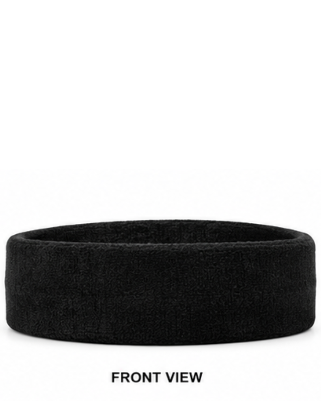 A black textured fabric headband shown from the front on a white background with 'FRONT VIEW' text below.