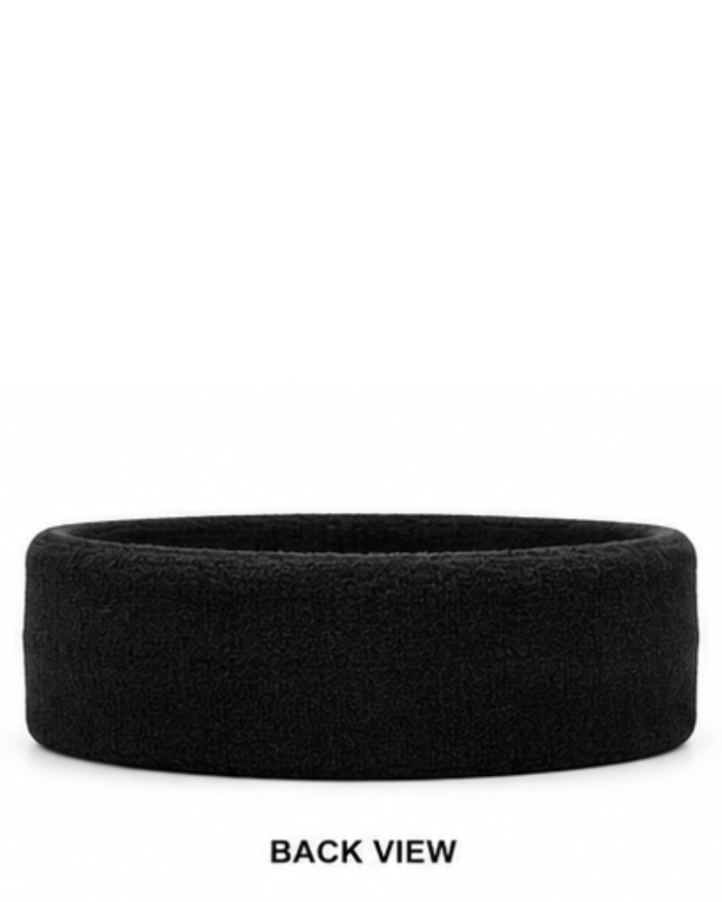 A black textured fabric headband shown from the back on a plain white background, with the text 'BACK VIEW' printed below.