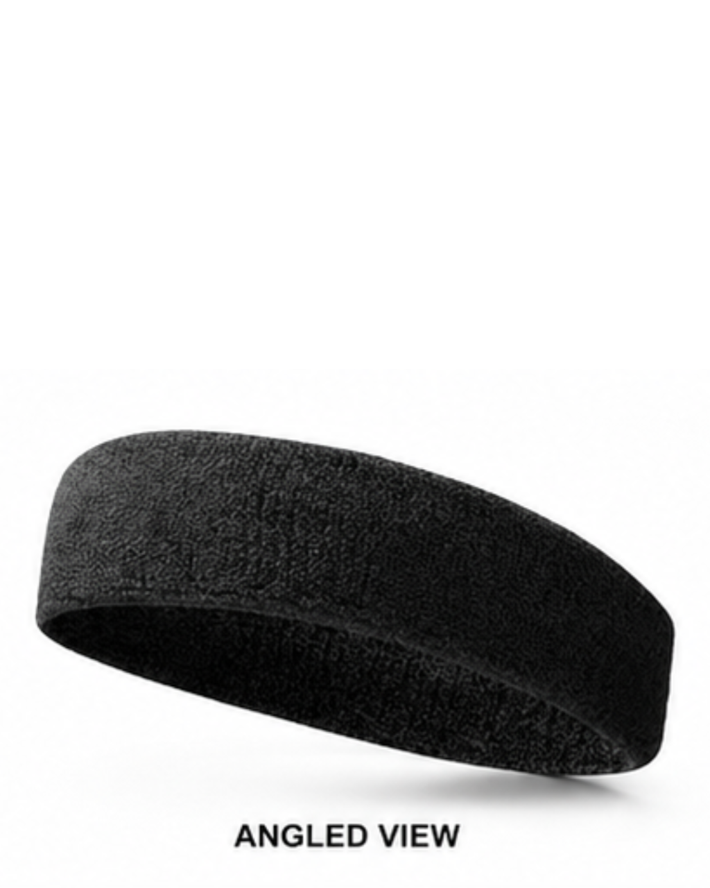 A black athletic headband shown from an angled perspective on a white background with the text 'ANGLED VIEW' underneath.