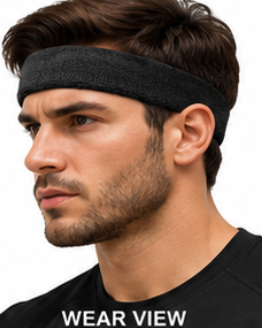 A man wearing a dark gray textured athletic headband, shown in profile against a white background with 'WEAR VIEW' text at the bottom.