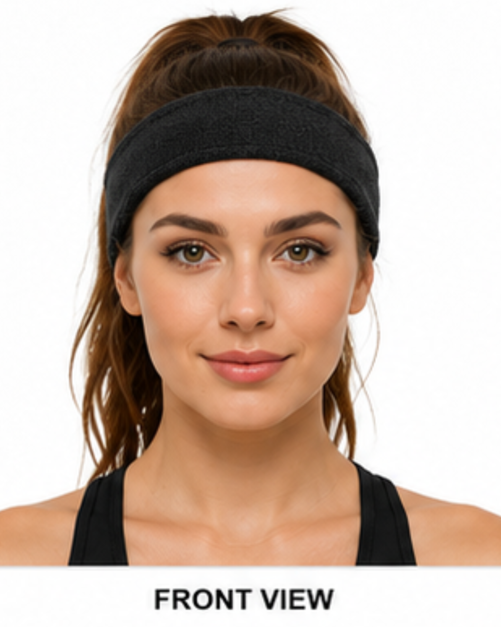 A woman wearing a black athletic headband with her hair tied up, shown from the front against a white background with 'FRONT VIEW' text at the bottom.