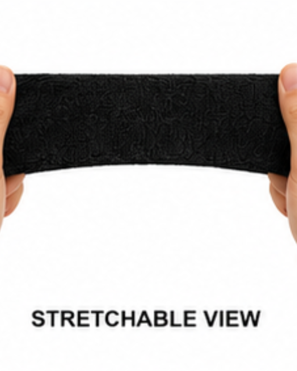 A black textured stretch band held horizontally by two hands against a white background, with the text 'STRETCHABLE VIEW' printed below.