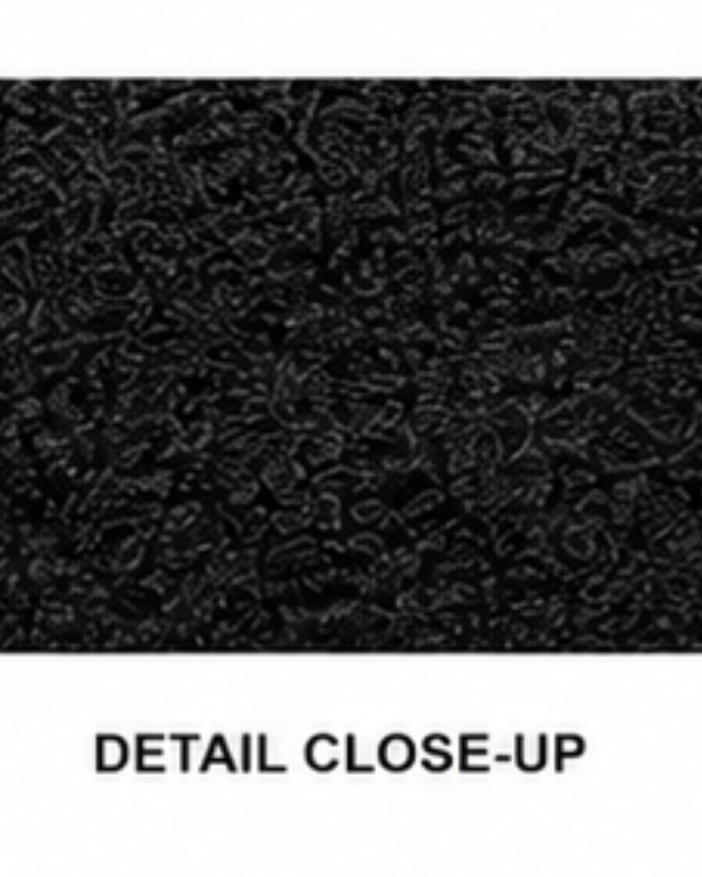 A close-up texture detail of a black patterned material, labeled with the text 'DETAIL CLOSE-UP' on a white background.