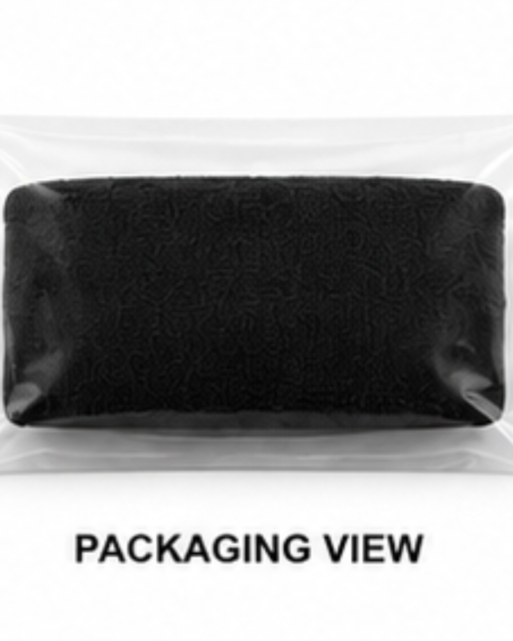 A black rectangular pouch or case shown inside a clear plastic bag, with the text 'PACKAGING VIEW' below on a white background.