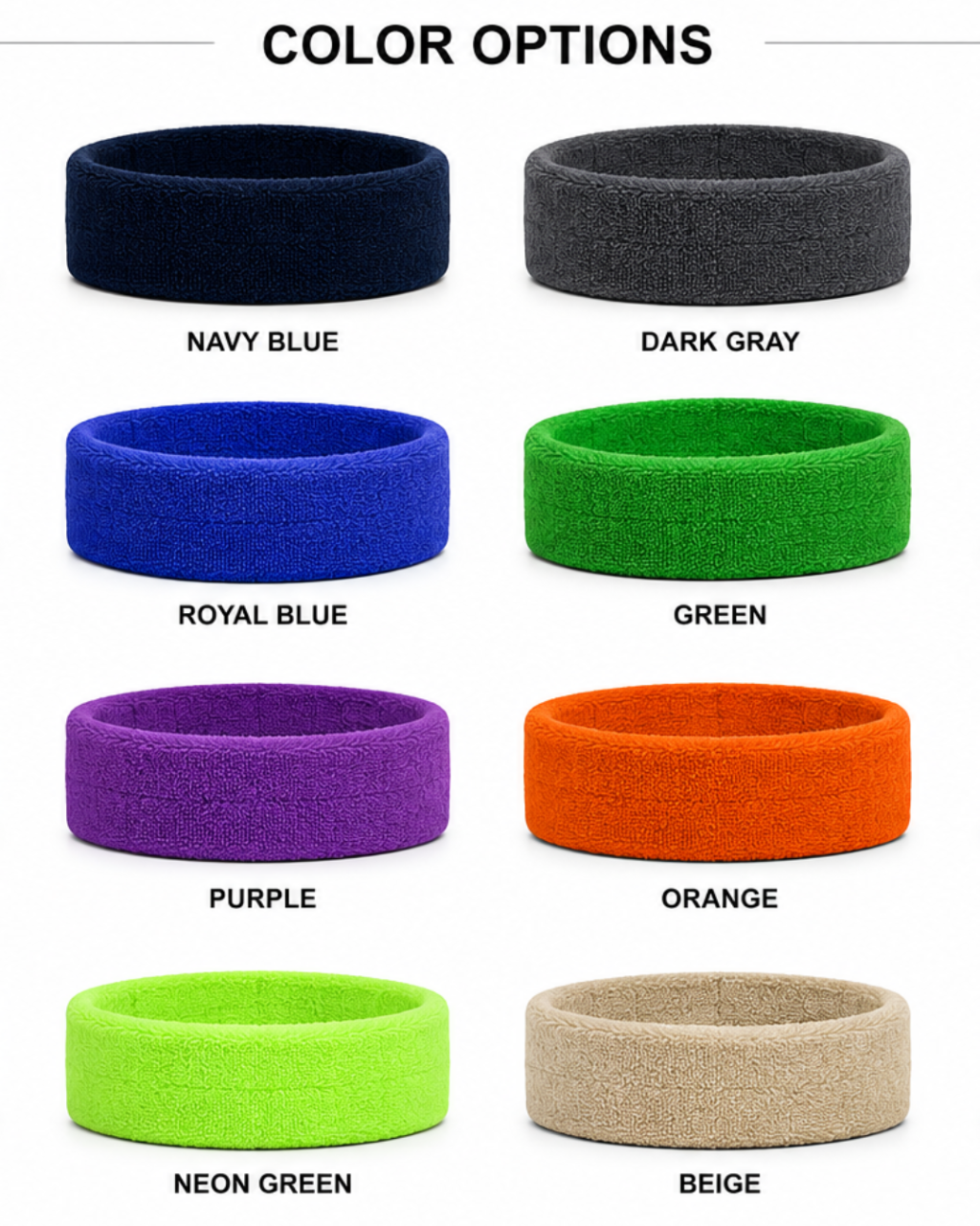 Color options chart showing eight circular fabric headbands labeled Navy Blue, Dark Gray, Royal Blue, Green, Purple, Orange, Neon Green, and Beige on a white background.