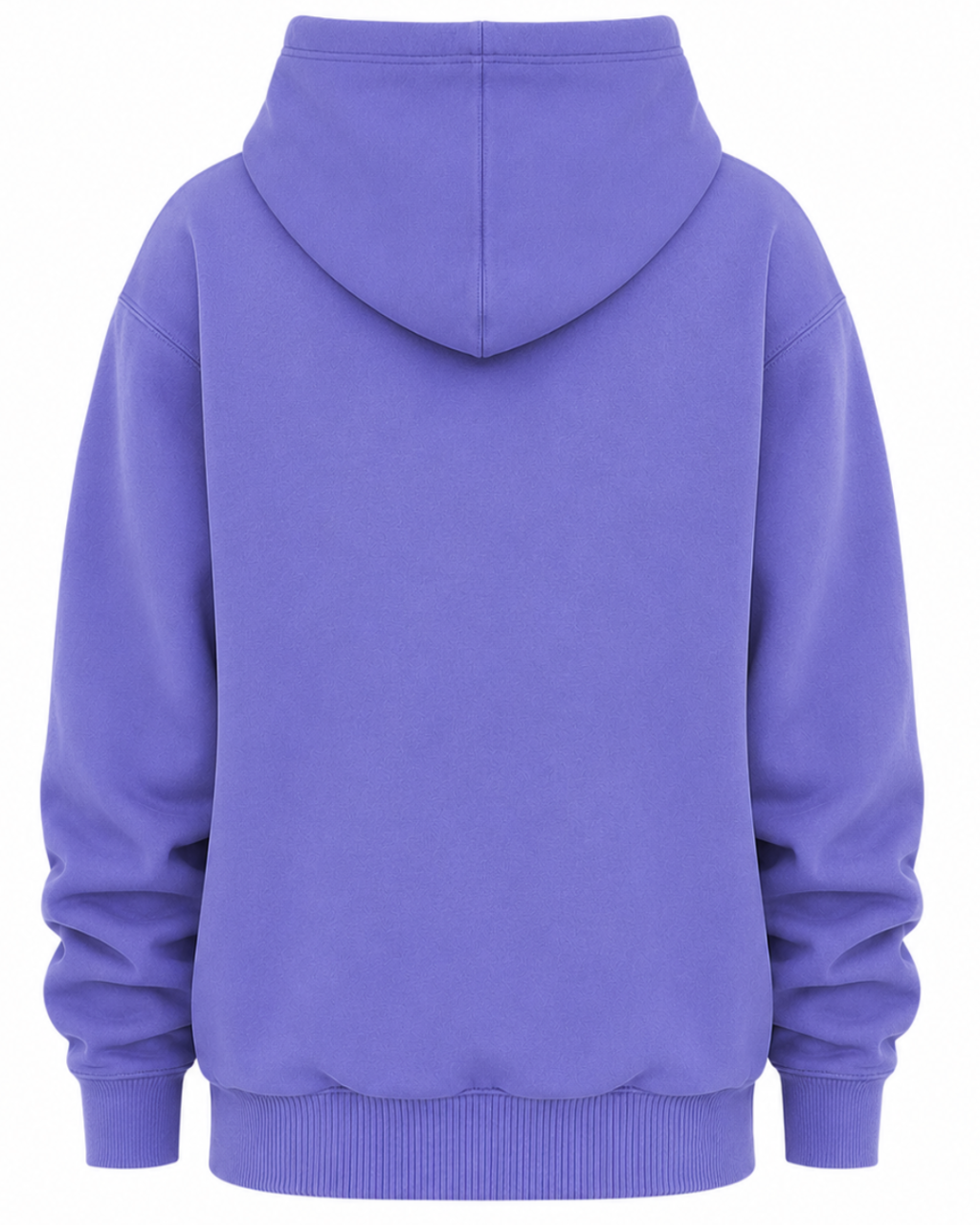 A purple pullover hoodie shown from the back, featuring a ribbed hem and cuffs, photographed against a solid white background.