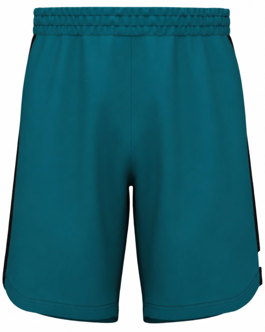 A pair of athletic shorts in a deep teal color, featuring a black side stripe detail running down the outer leg and a matching teal elastic waistband.
