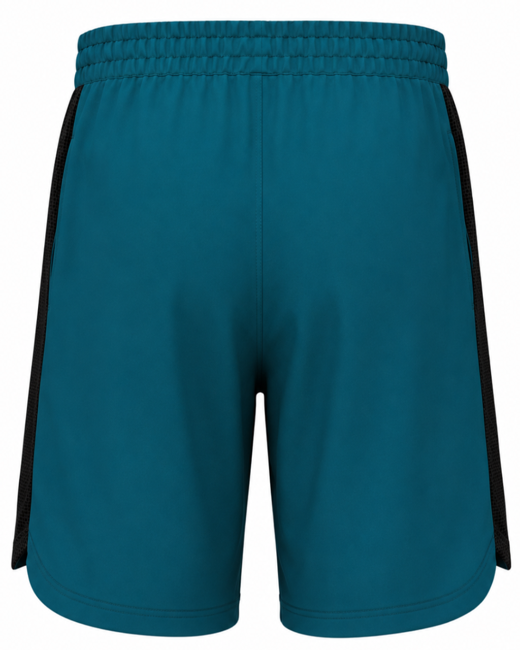 A pair of athletic shorts in teal blue with black mesh side panels, shown from the back against a plain white background.