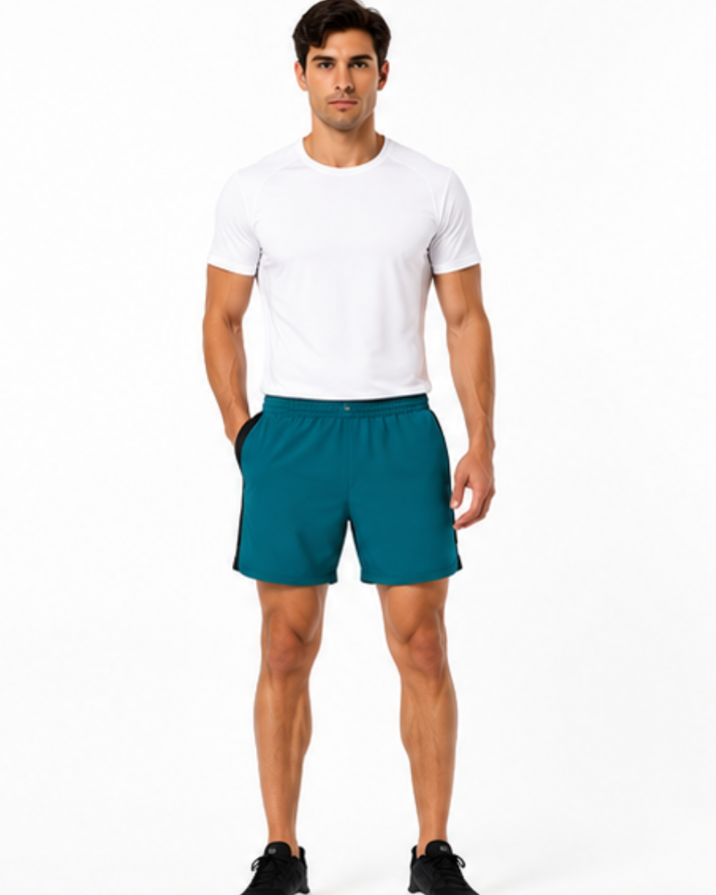 A man modeling teal athletic shorts with a white t-shirt and black sneakers, standing against a plain white background.