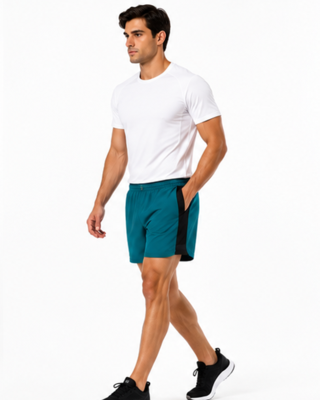A man modeling athletic wear, featuring a white crew-neck t-shirt and teal athletic shorts with a black side panel, paired with black sneakers, against a solid white background.