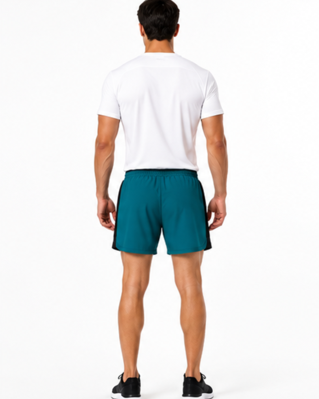 A man viewed from behind wearing a white t-shirt, teal athletic shorts, and black sneakers against a plain white studio background.