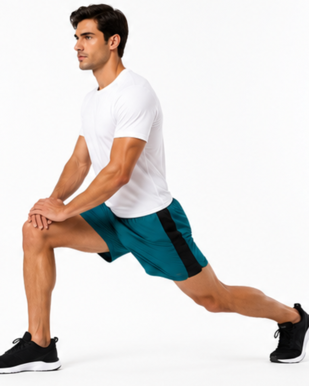 A man in a white t-shirt and teal athletic shorts with a black side stripe is stretching in a lunge position against a plain white background.