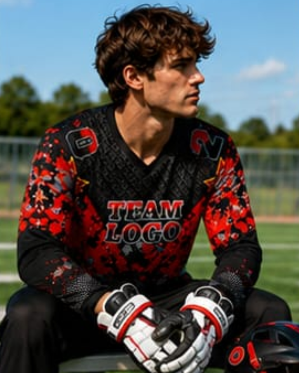 A man wearing a black and red long-sleeve athletic jersey with 'TEAM LOGO' printed on the front, sitting on a bench on a sports field. He is wearing white and red hockey-style gloves.
