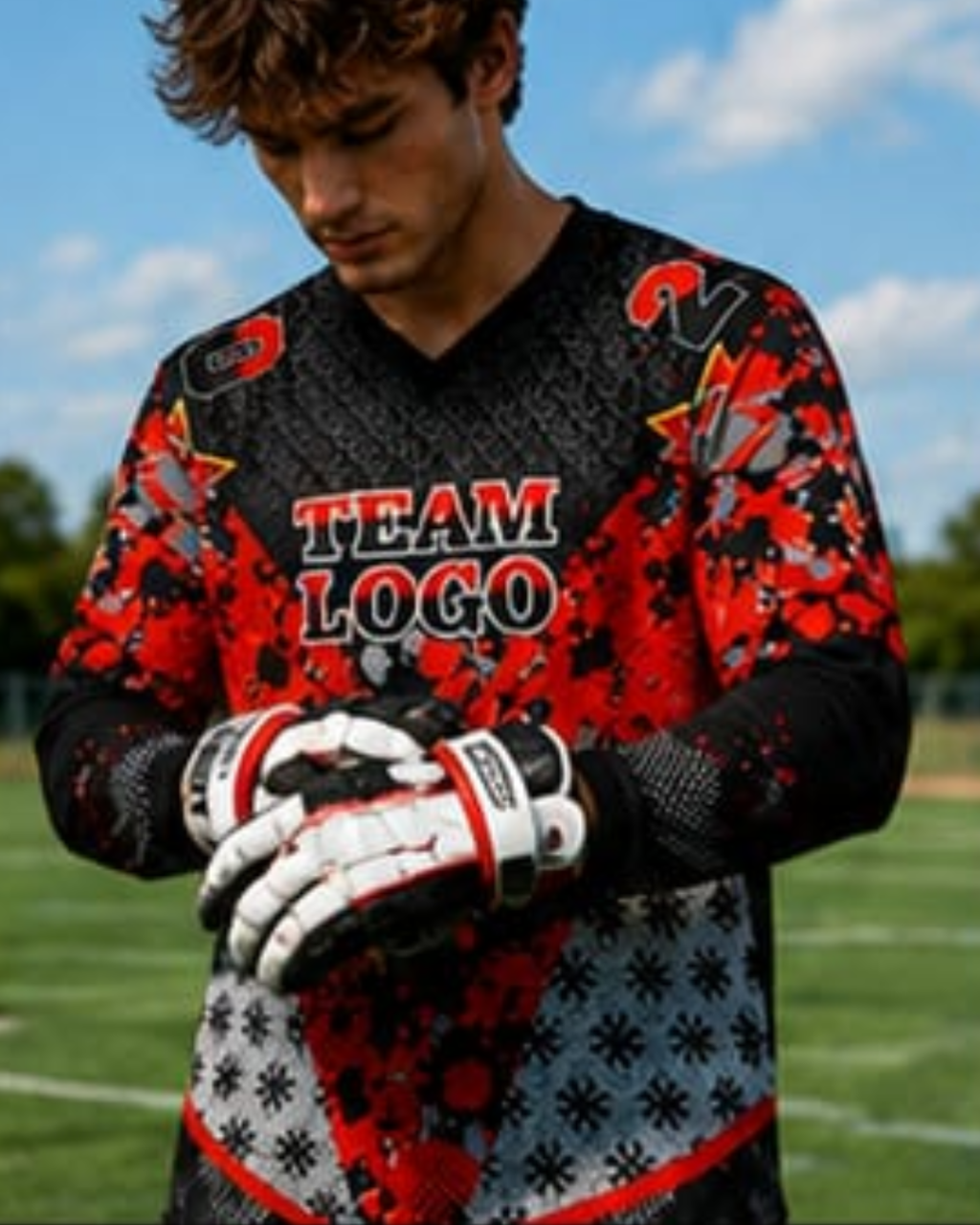 A man wearing a red, black, and gray patterned soccer jersey with 'TEAM LOGO' printed on the chest, standing on a sports field under a blue sky.