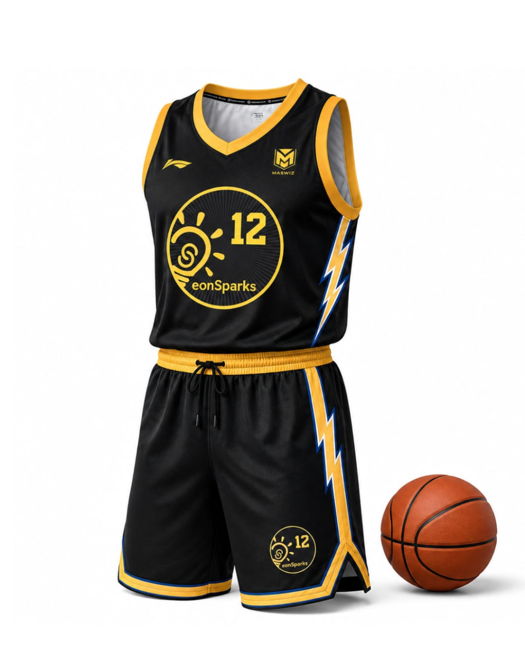Basketball jersey and shorts set with branding and number 12, accompanied by a basketball on a white background.