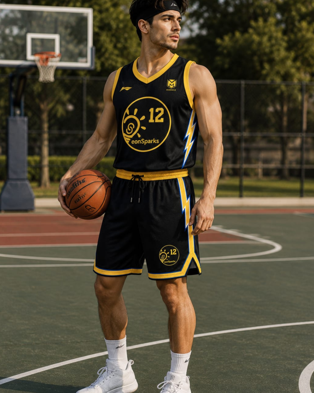 Person holding a basketball on a court wearing a black and yellow sports uniform with branding.