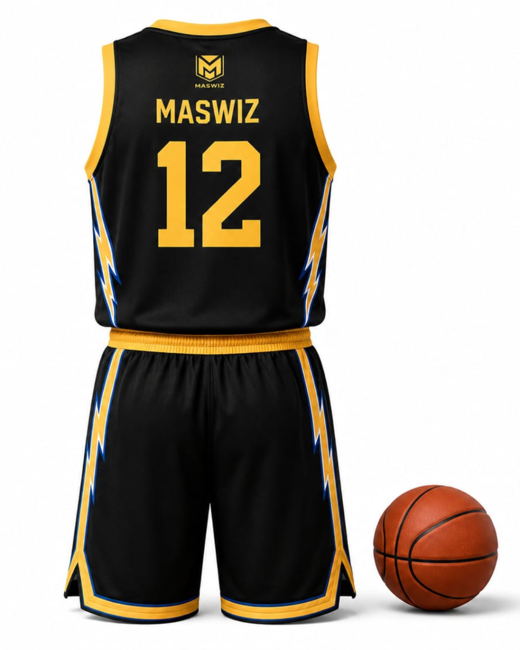Basketball jersey with number 12 and name 'MASWIZ' next to a basketball on a white background
