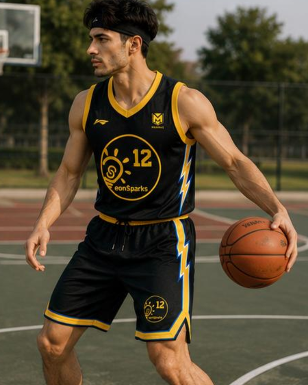 Man in black and yellow basketball jersey holding a ball on a court