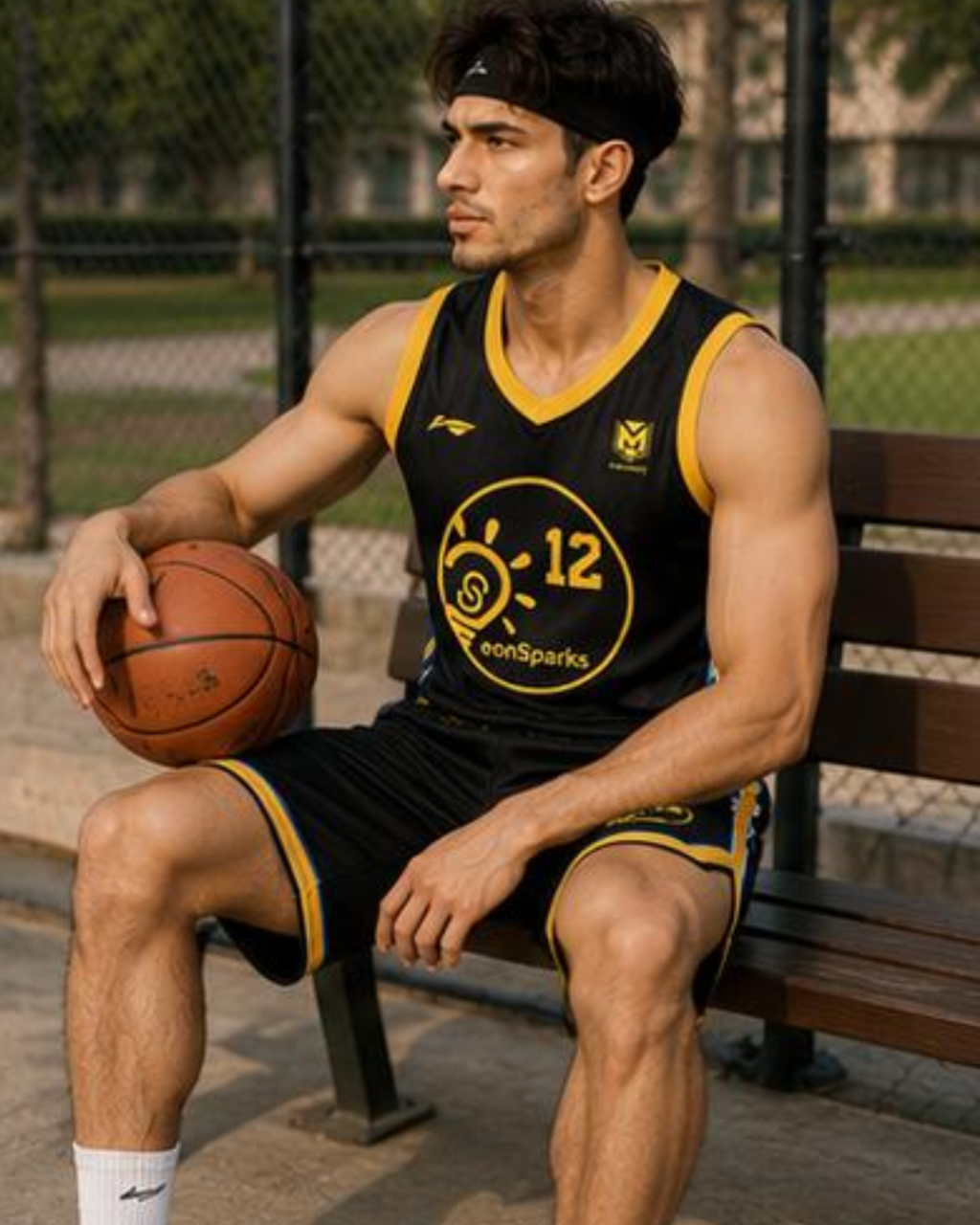 Man sitting on a bench holding a basketball wearing a sports jersey with a logo and number.