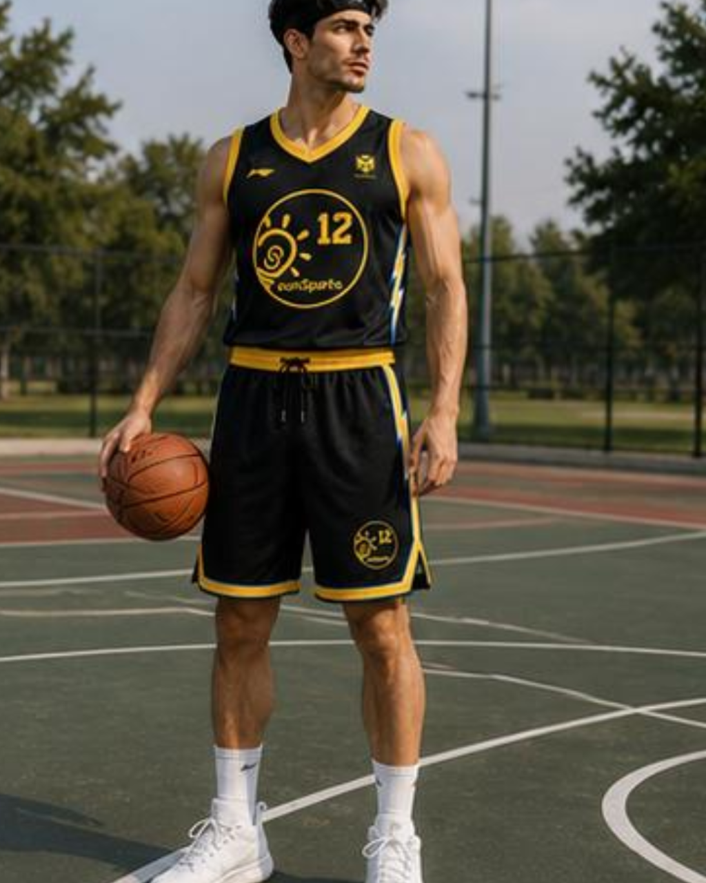 Person wearing a black and yellow basketball jersey and shorts on an outdoor court.