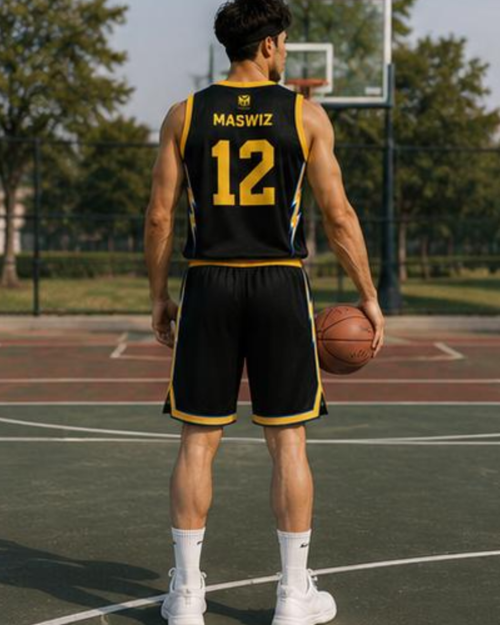 Person wearing a black basketball jersey with yellow accents and the number 12, holding a basketball on an outdoor court.