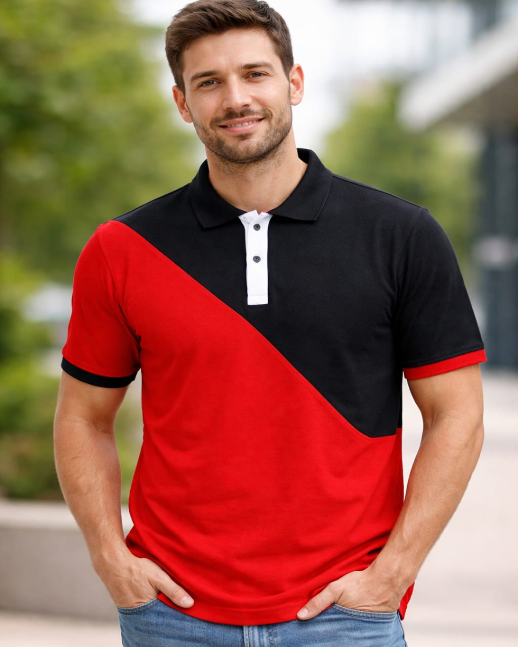 Man wearing a black and red polo shirt with a blurred outdoor background