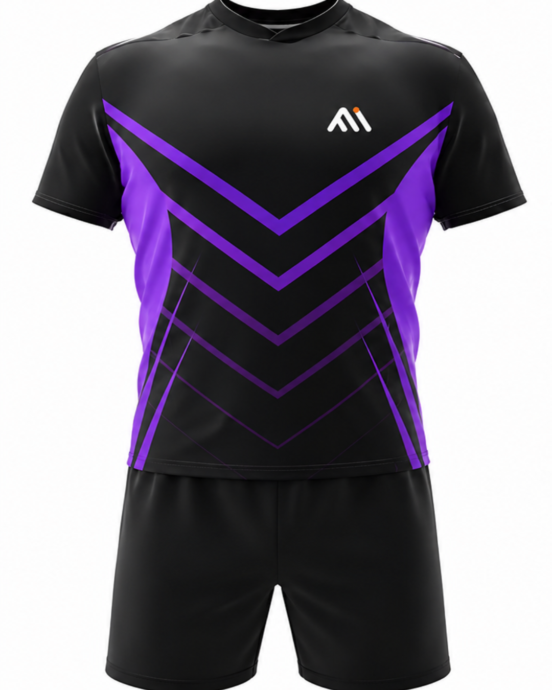A black athletic jersey and matching shorts set with a bold purple geometric chevron pattern on the front, featuring a white and orange logo on the chest.
