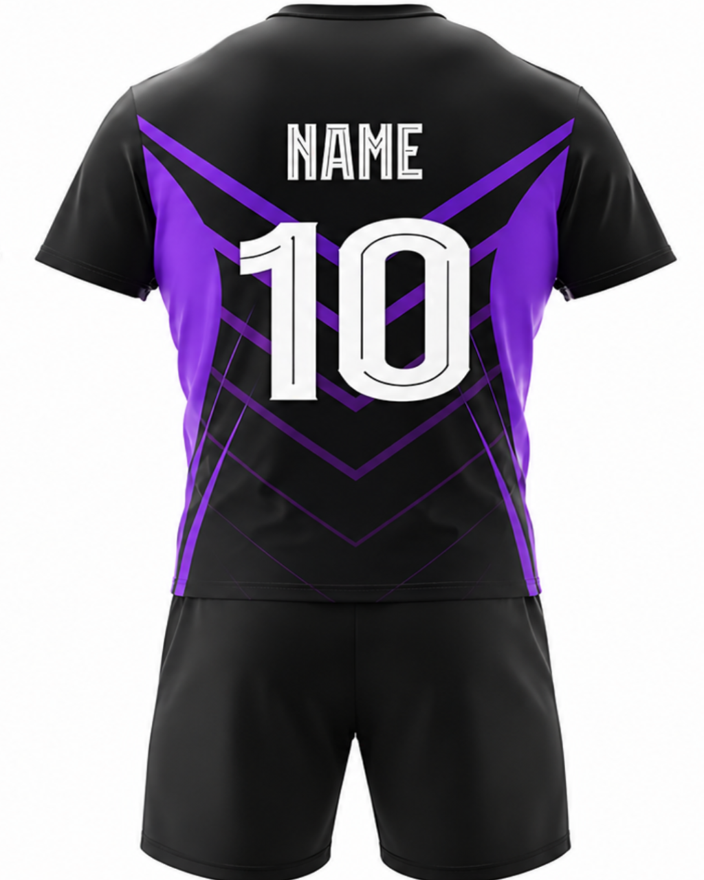 Black athletic jersey and matching shorts set shown from the back, with purple geometric side panels and large white 'NAME 10' text on the jersey.