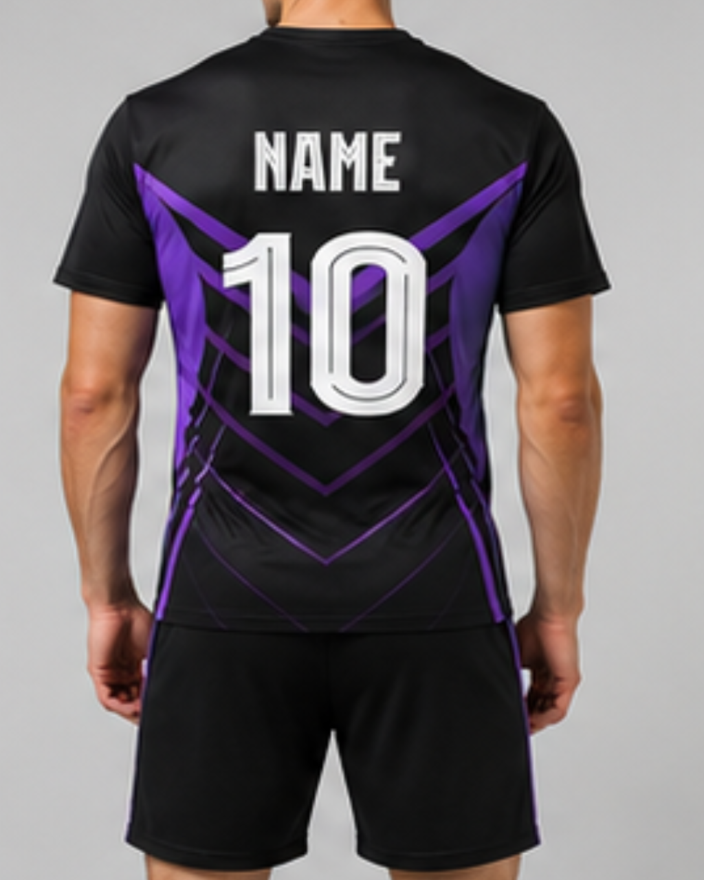 A man wearing a black athletic jersey from the back, featuring purple graphic patterns and customizable white text that reads 'NAME 10'.