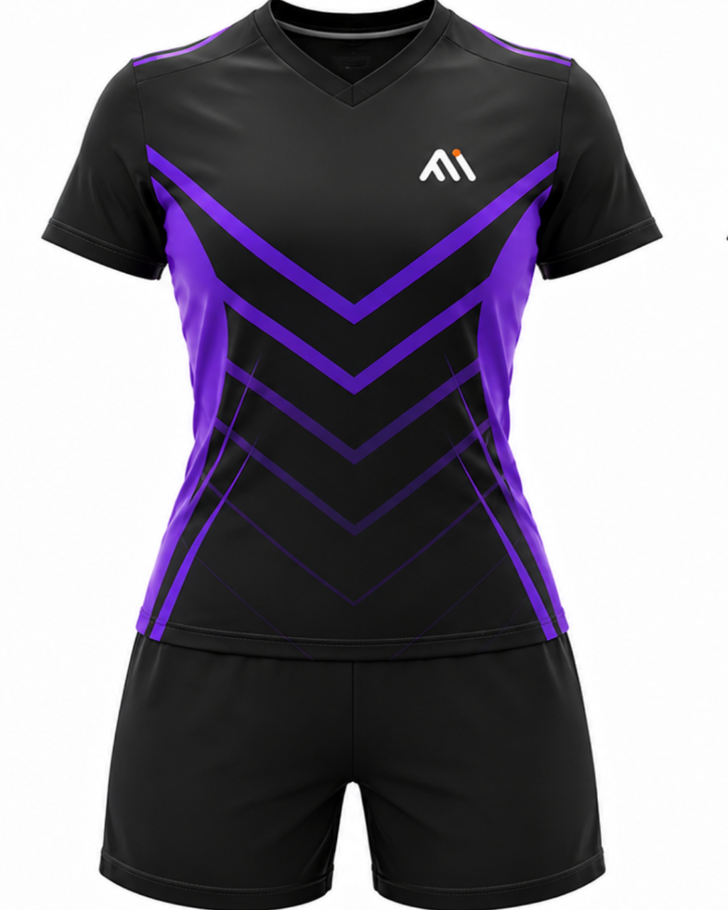 A women's athletic soccer jersey and matching shorts set. The jersey is black with a purple chevron pattern on the front and a small white and orange logo on the left chest.