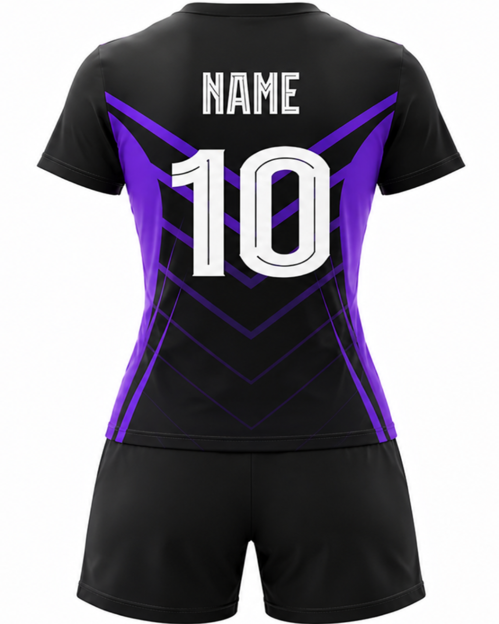 Black athletic jersey and matching shorts set shown from the back, with purple geometric side panels and large white 'NAME 10' text on a light gray background.