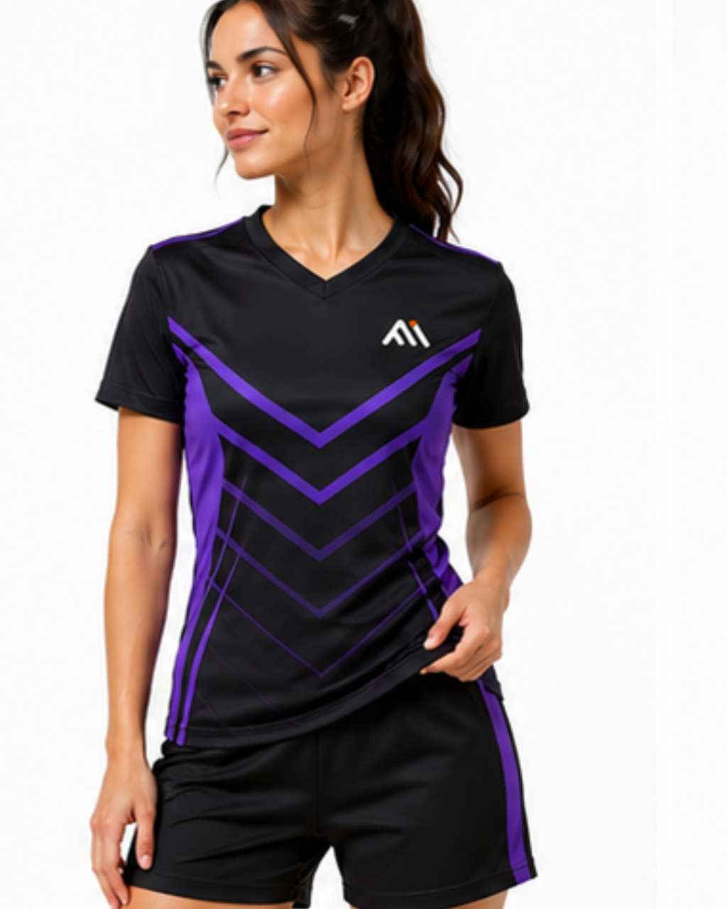 A woman modeling a black athletic V-neck jersey with purple geometric chevron patterns and a white logo on the chest, paired with black shorts, against a plain white background.