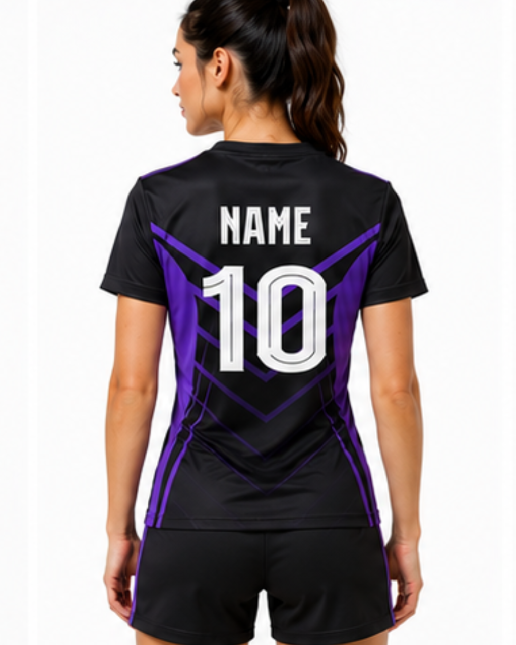A woman shown from the back wearing a black athletic jersey with purple geometric side panels and large white 'NAME 10' text on the back, paired with black shorts against a plain white background.
