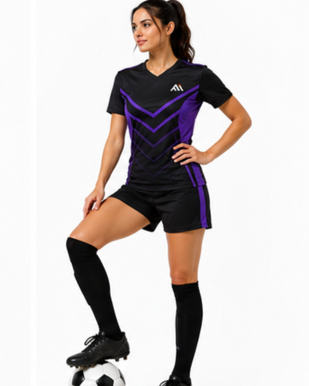 A woman modeling a black and purple soccer uniform set, featuring a V-neck jersey with a white Adidas logo, matching black shorts with purple side stripes, black knee-high socks, and black cleats, posed on a soccer ball against a white background.