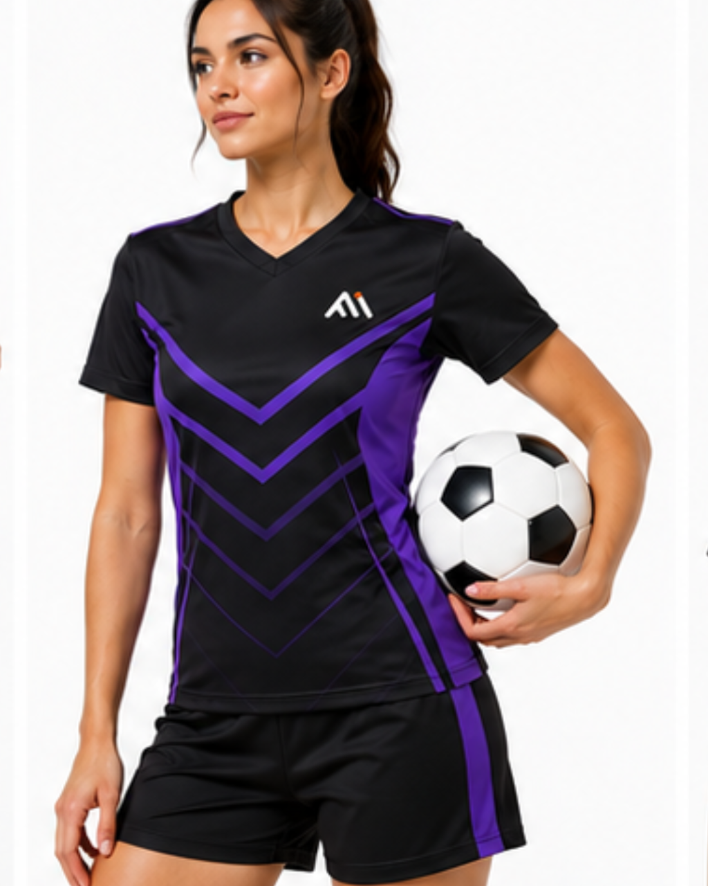 A woman modeling a black and purple athletic soccer jersey and matching shorts, holding a black and white soccer ball against a plain white background.