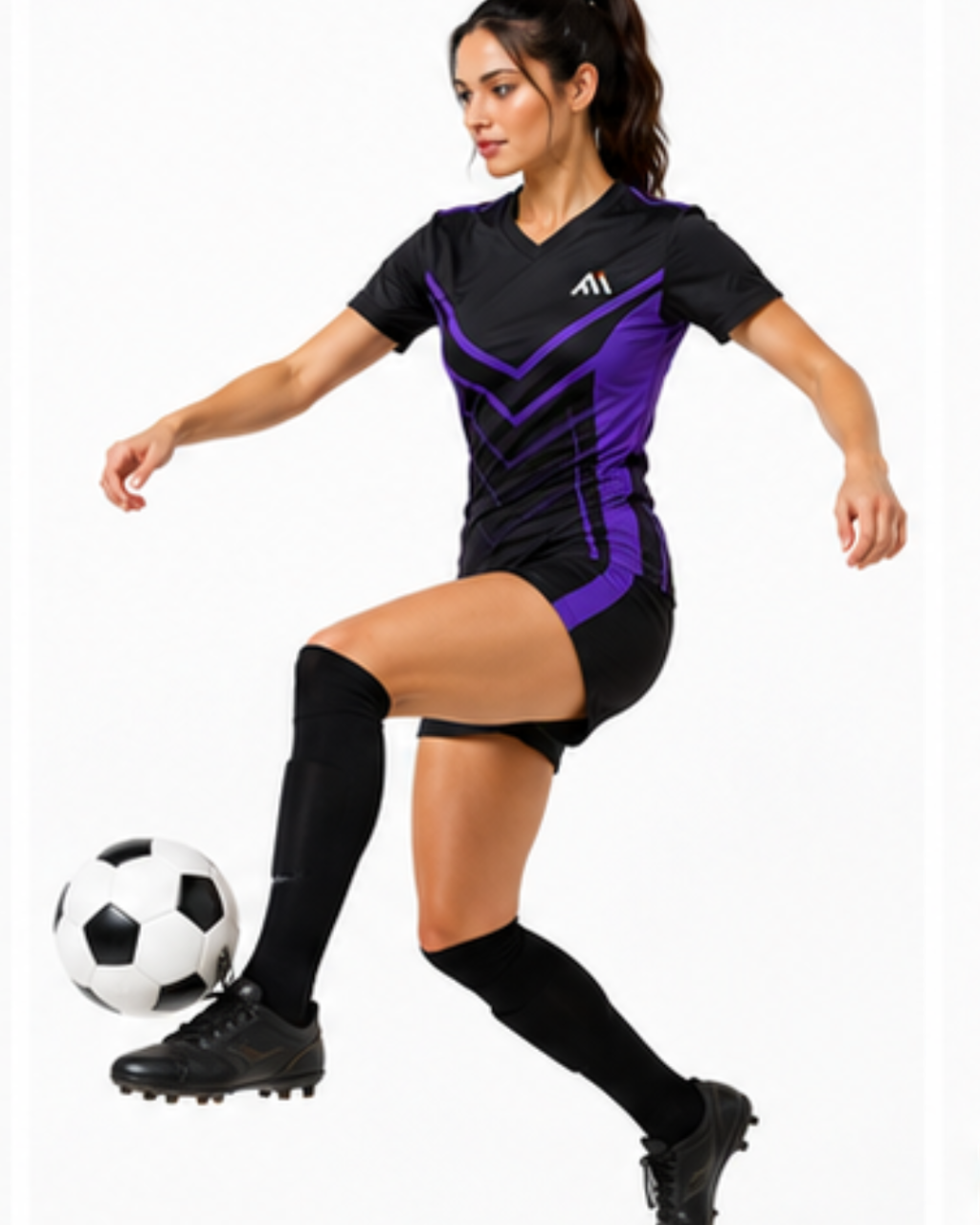 A woman in a black and purple soccer uniform with black knee-high socks and black cleats, posed with a black and white soccer ball against a plain white background.