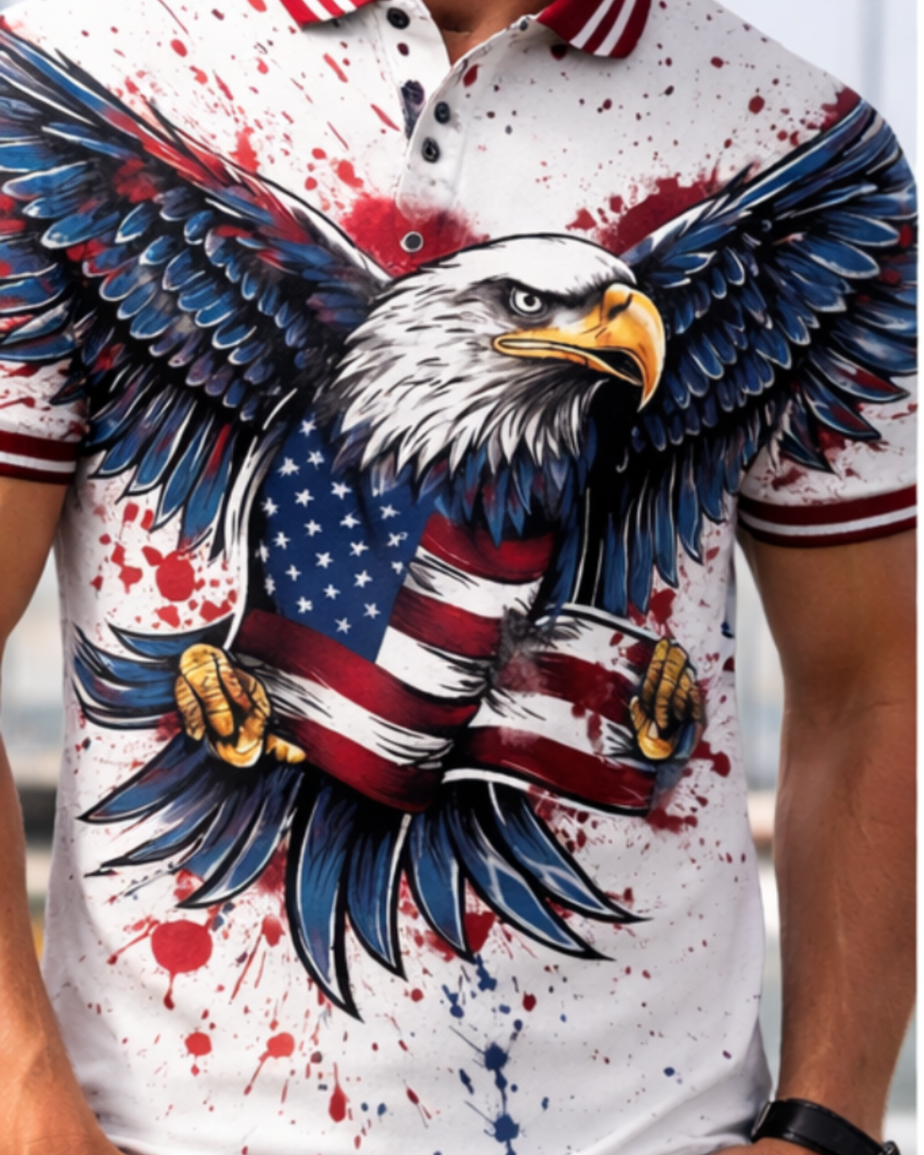Shirt with an eagle holding an American flag design on a white background