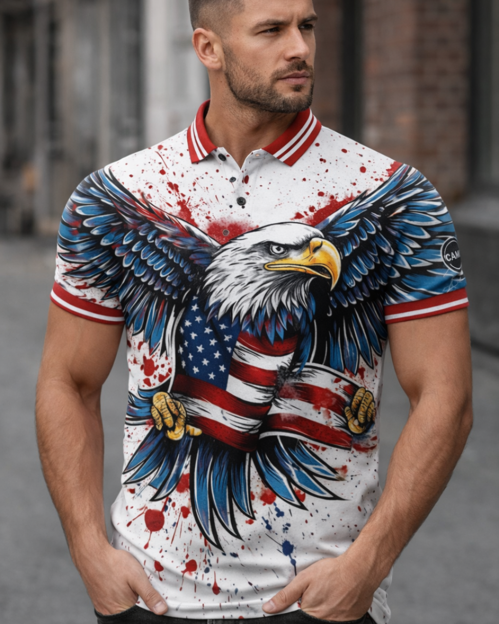 Man wearing a shirt with an eagle and American flag design outdoors.
