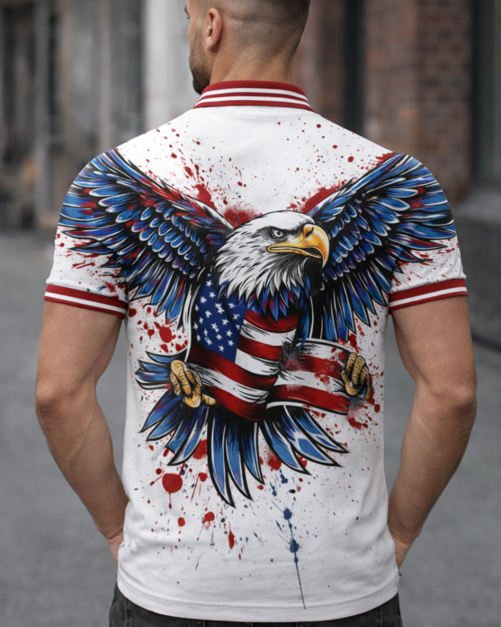 Man wearing a shirt with an eagle and American flag design.