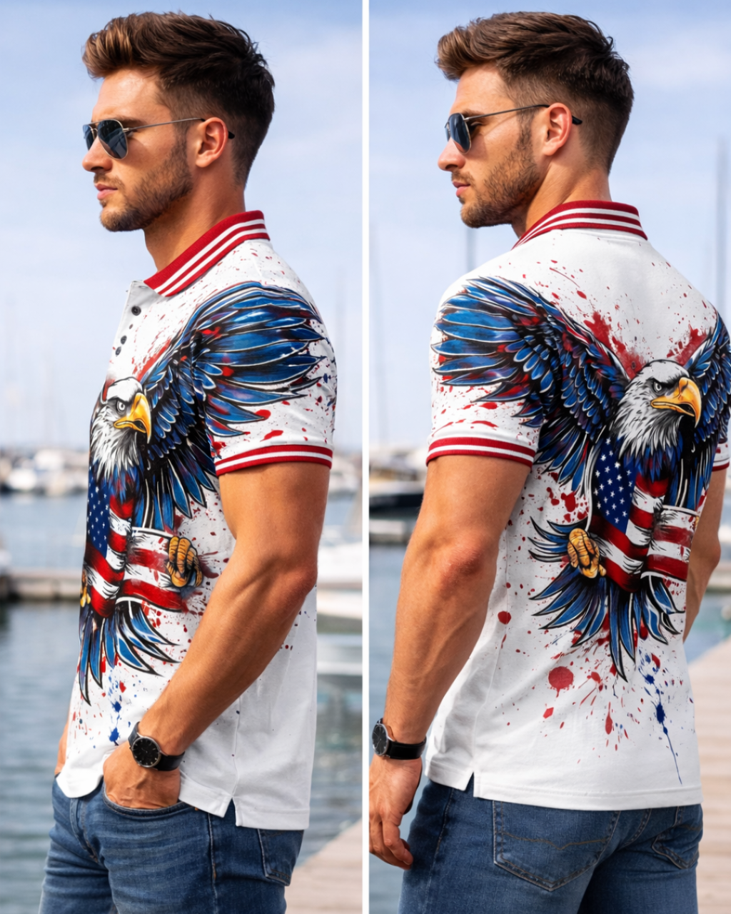 Man wearing a white polo shirt with an eagle and American flag design by a waterfront.