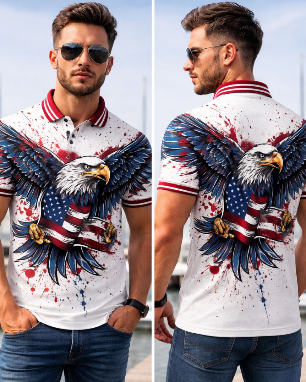 Man wearing a polo shirt with an eagle and American flag design, shown from front and back views.