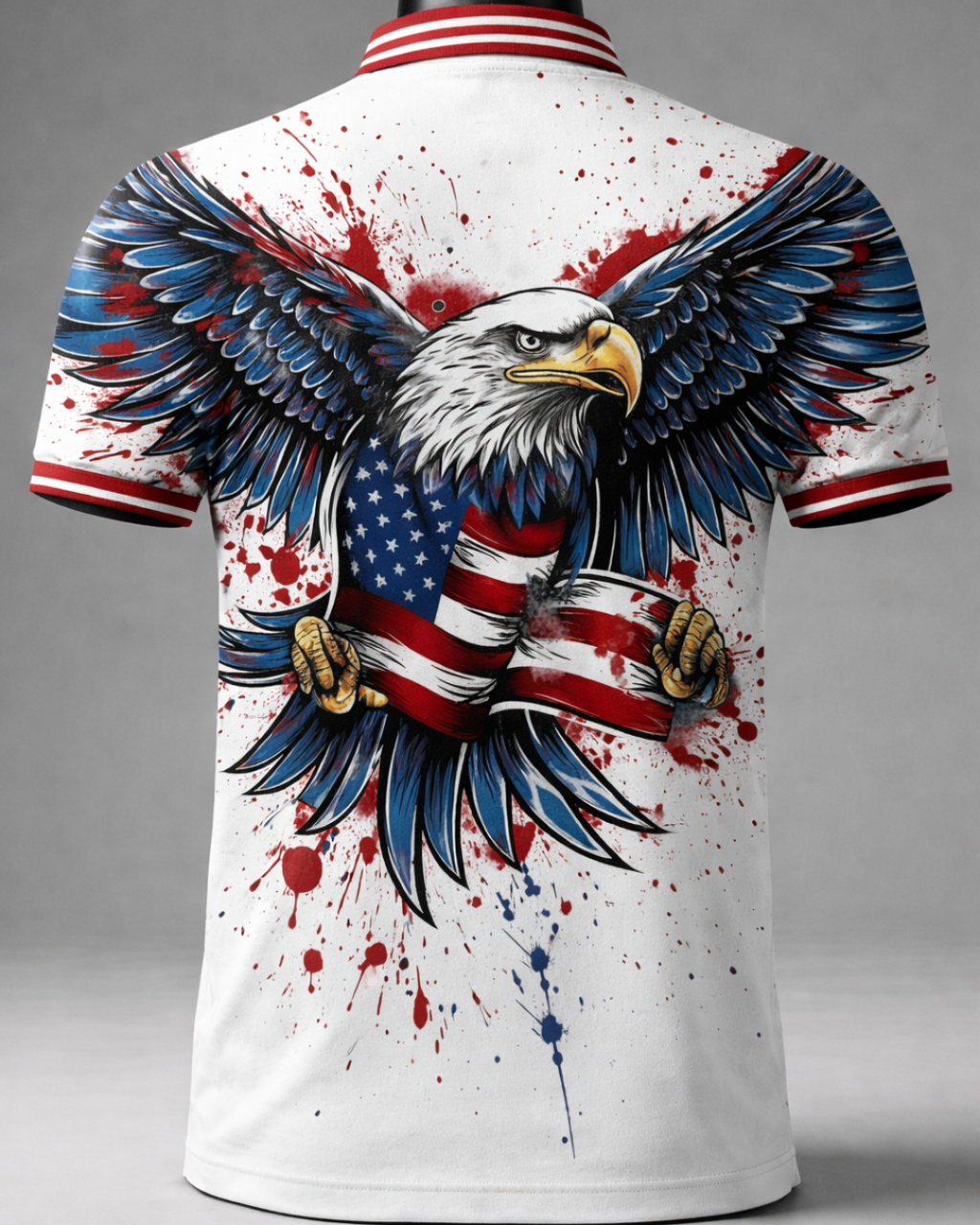 White shirt with an eagle and American flag design on a gray background